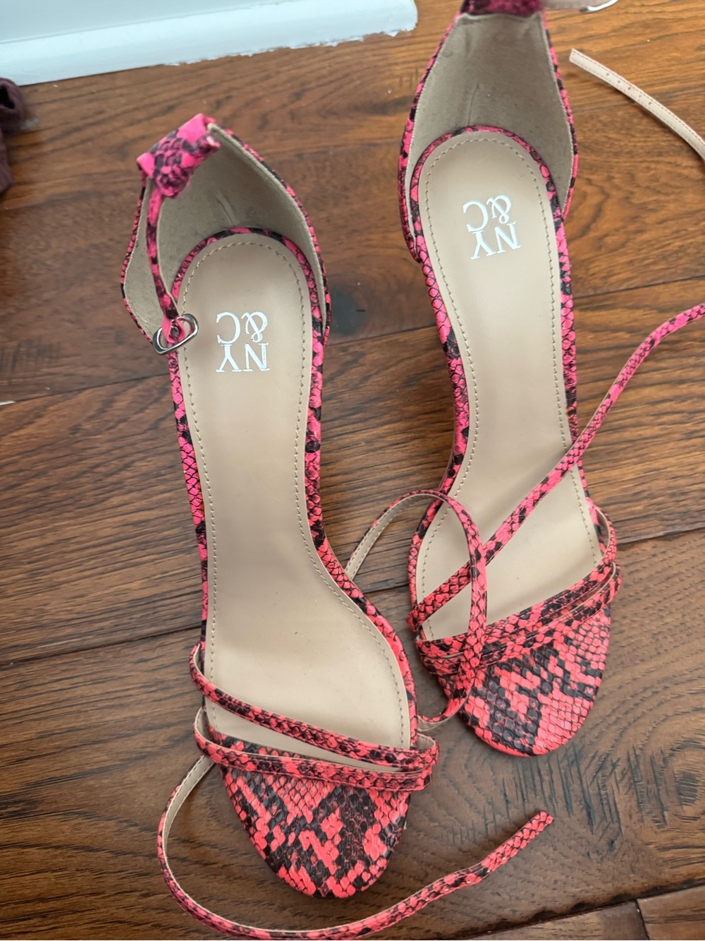 New York & Company Coral Pink Snakeskin Ankle-Tie Heels